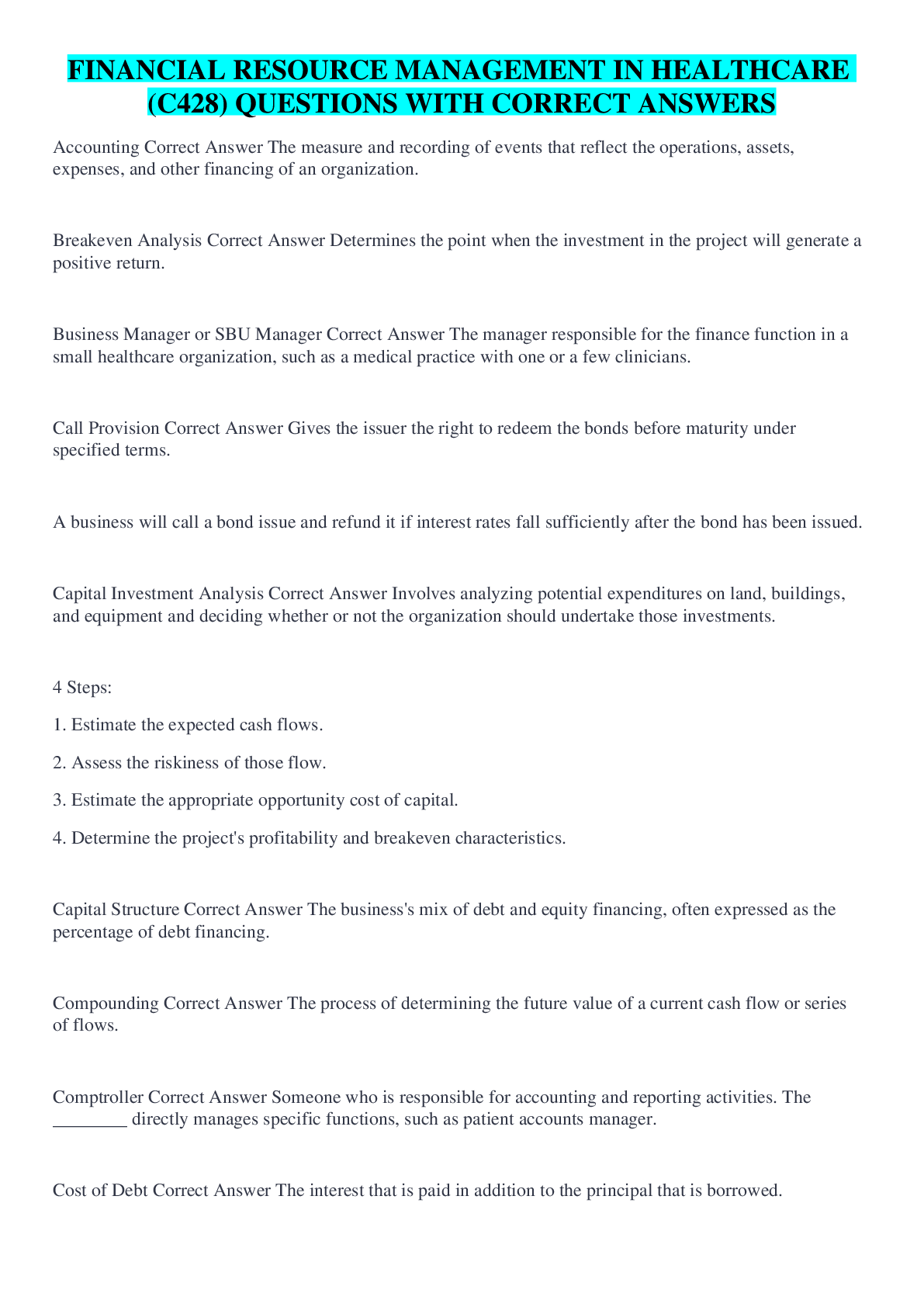 Preview of FINANCIAL RESOURCE MANAGEMENT IN HEALTHCARE (C428) QUESTIONS WITH CORRECT ANSWERS